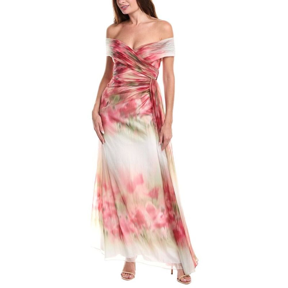 Badgley Mischka Off-Shoulder Floral Maxi Dress in Pink and Green